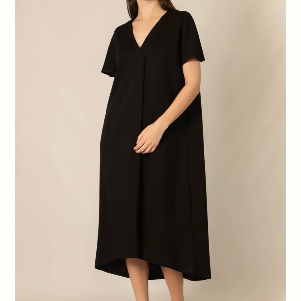 P Cill Linen Cotton Blend V Neck Midi Lagenlook Dress Black Pockets Sz S Beachy